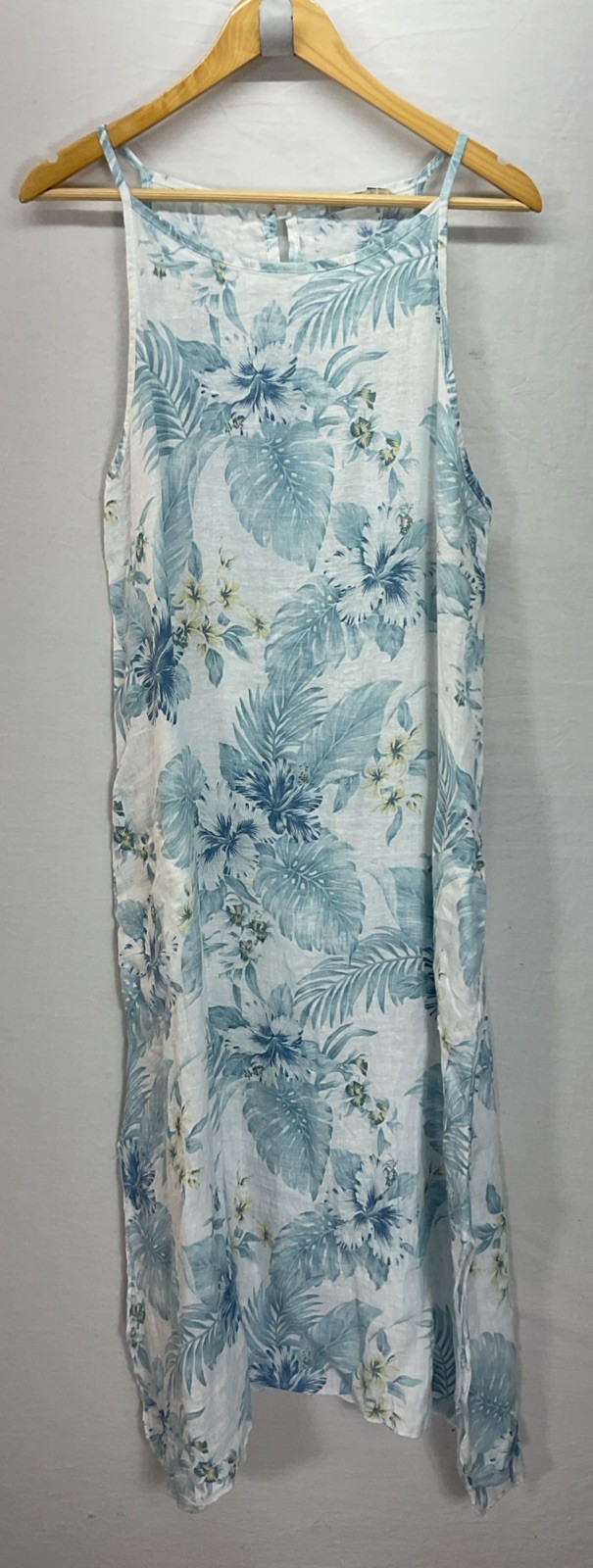 Lungo L’Arno Italian Made 100% Linen Sleeveless Blue Floral Tank Midi Dress Sz S