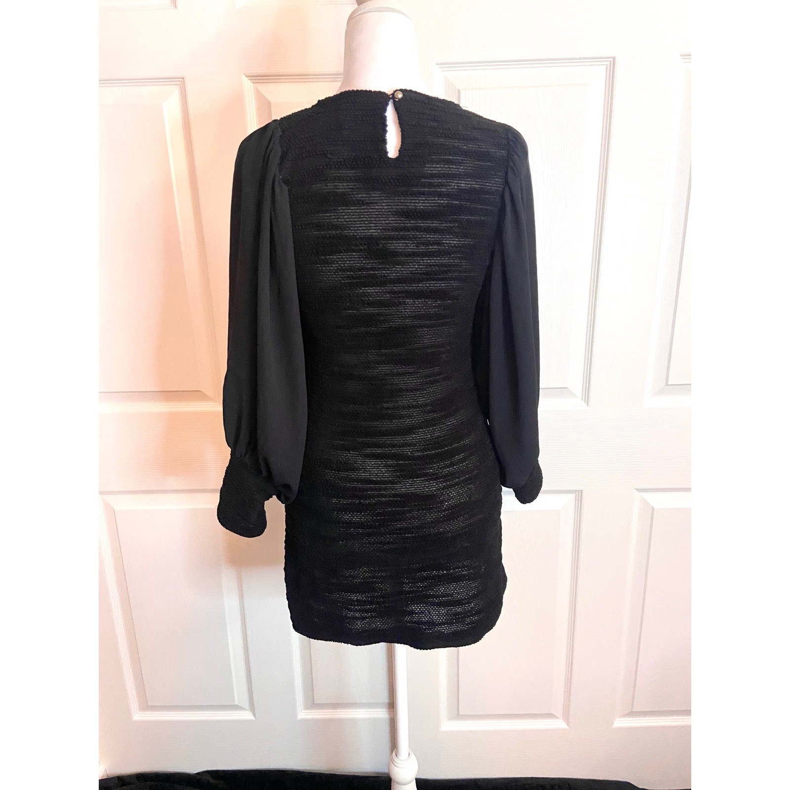 MinkPink Black Textured Knit Mini Dress Sheer Bishop Sleeve Smocked Cuff Small