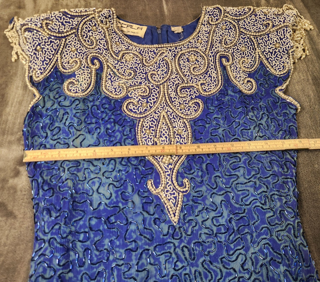 Scala Dress Womens Medium Blue Flapper Beaded Sequin Silk Short Fringe Z*