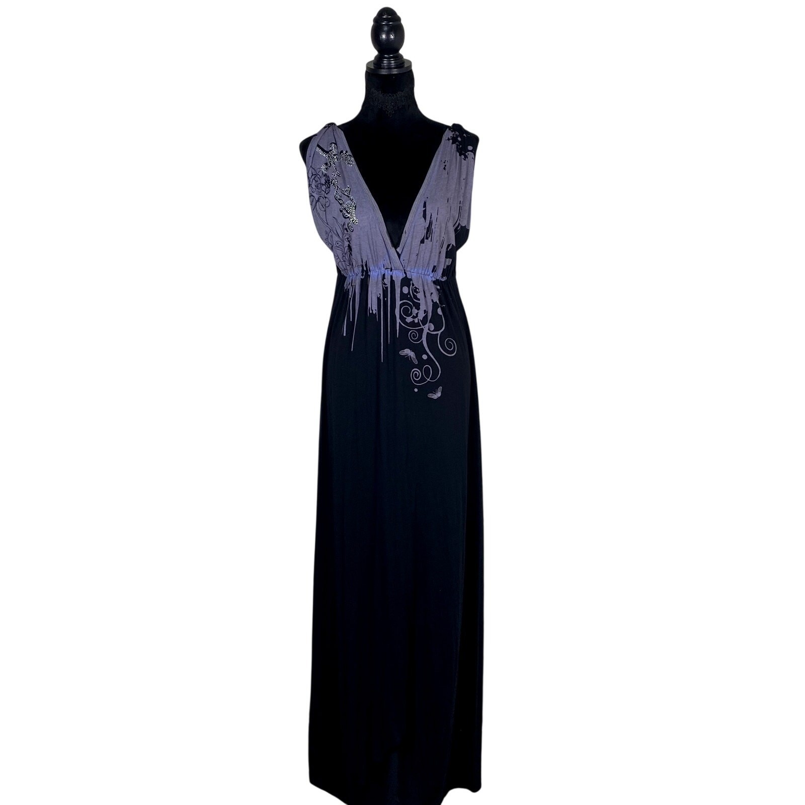 Anama faux wrap y2k style whimsigoth rhinestone floral grunge goth maxi dress lg