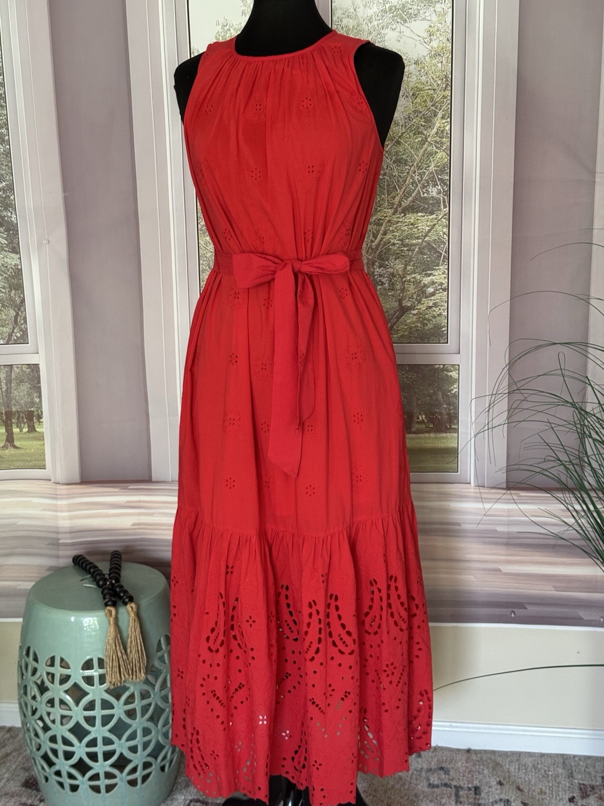 Destination 365 Red Cotton Eyelet Midi Dress,XS, NWOT