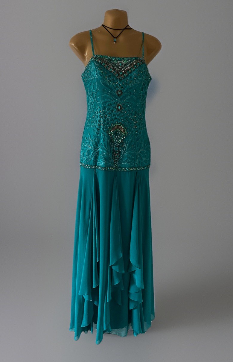Sue Wong Nocturne Long Gown Beaded Sequin Bodice 6 Turquoise Drop Waist Art Deco