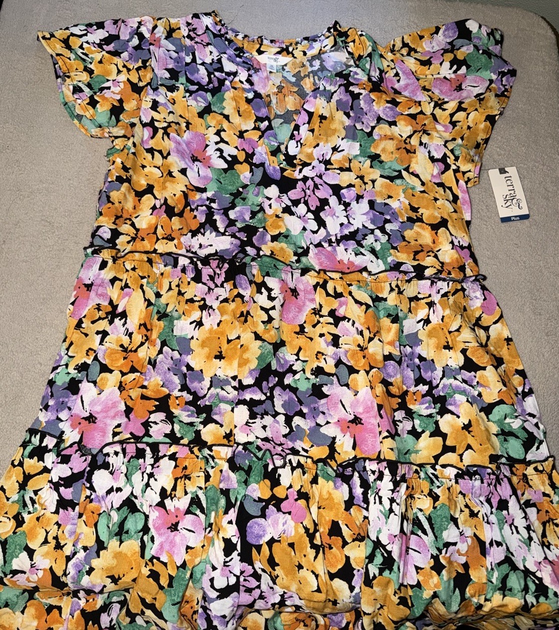 Terra & Sky Floral Smocked Tiered Ruffle Dress Plus 0X Flutter Sleeve