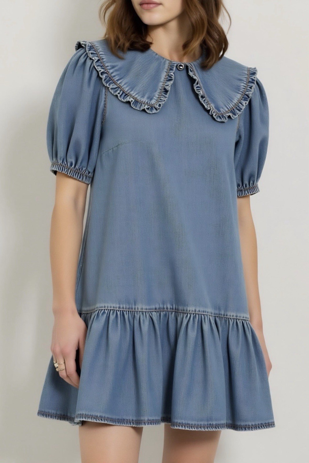 Modenaire Blue Cotton Denim Collared Ruffle Puff Sleeve Mini Dress Size M