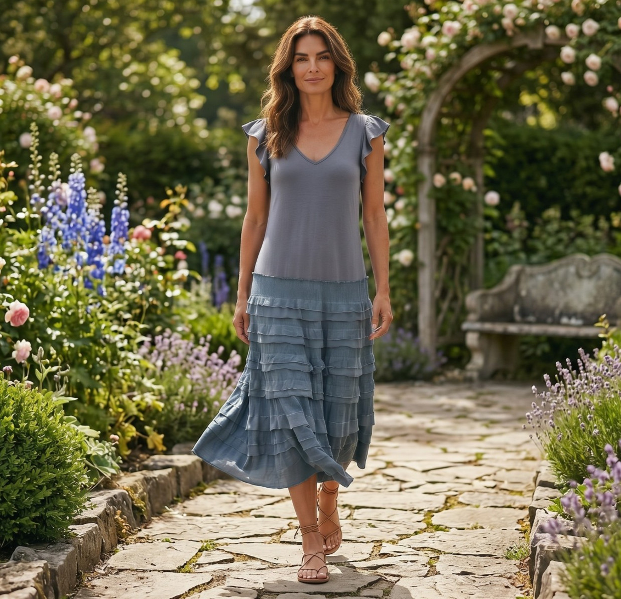 Sundance Ruffle Maxi Gray Dress Size Petite Medium Cotton Linen V-Neck