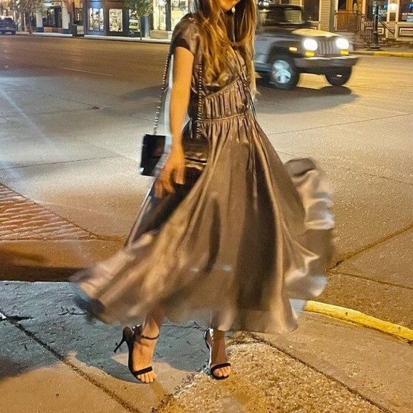 NWT TOVE Ceres Metallic Silk Midi Dress Silver FR: 38 US Size: 6