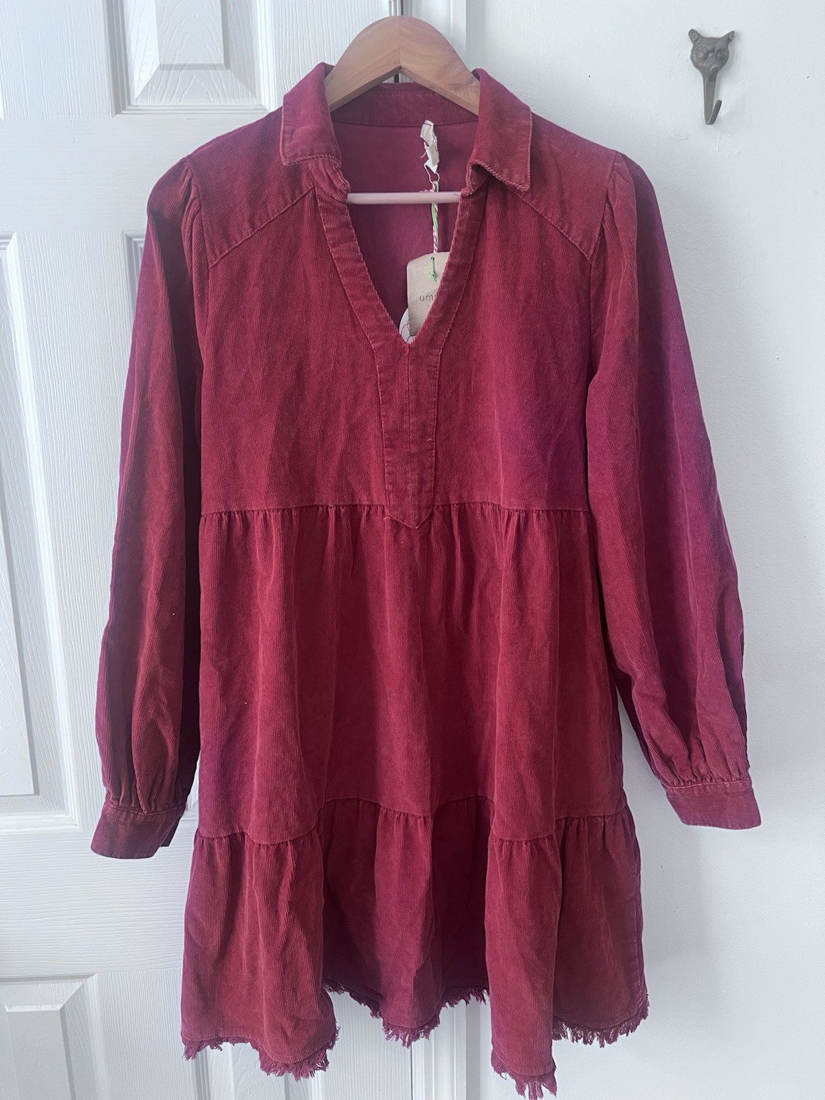 Umgee Size M NEW W/Tag Tiered Corduroy Mini Dress / Wine / Balloon Sleeves