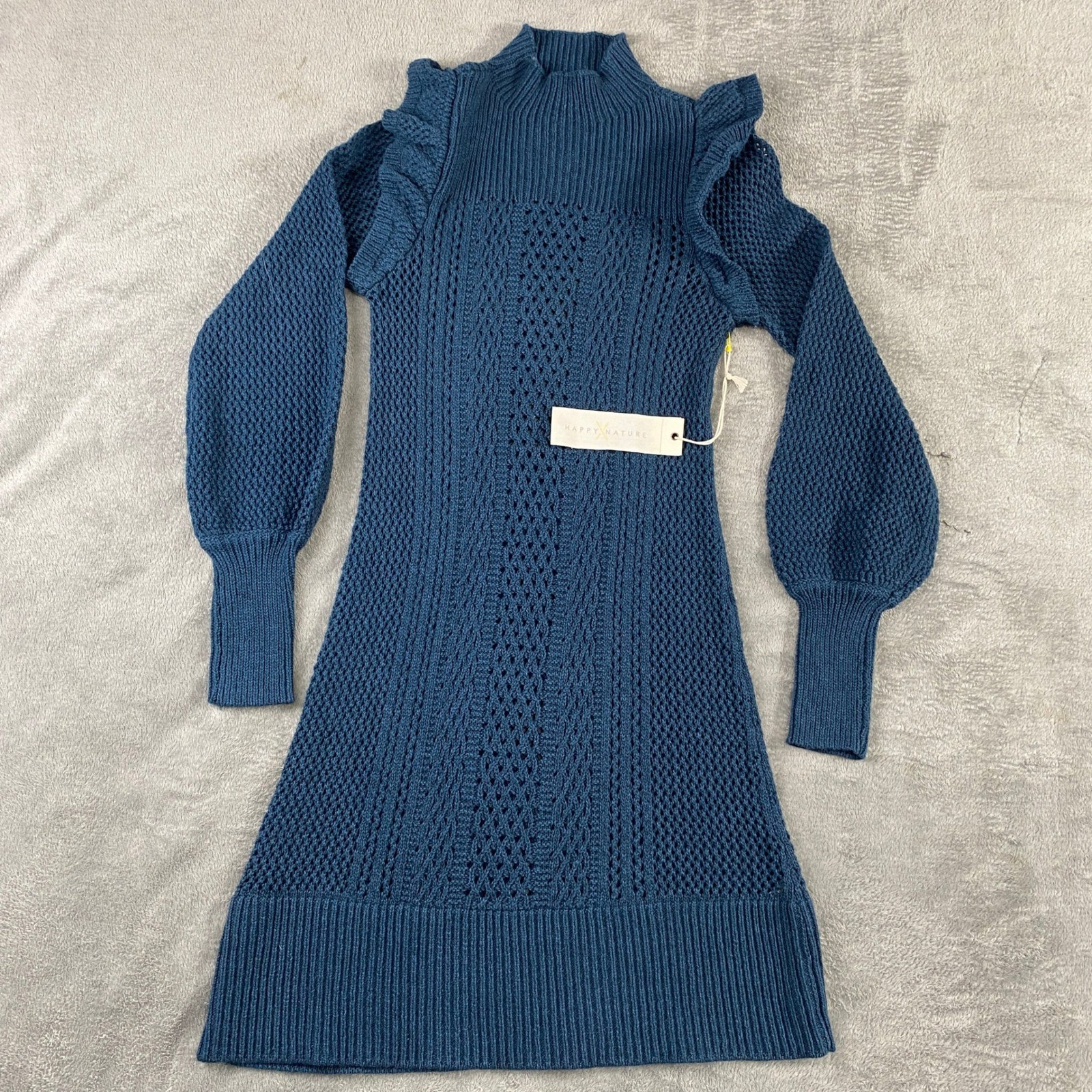 Happy Nature Blue Knit Mock Neck Ruffle Sleeve Sweater Dress XS Boho Dinner NWT