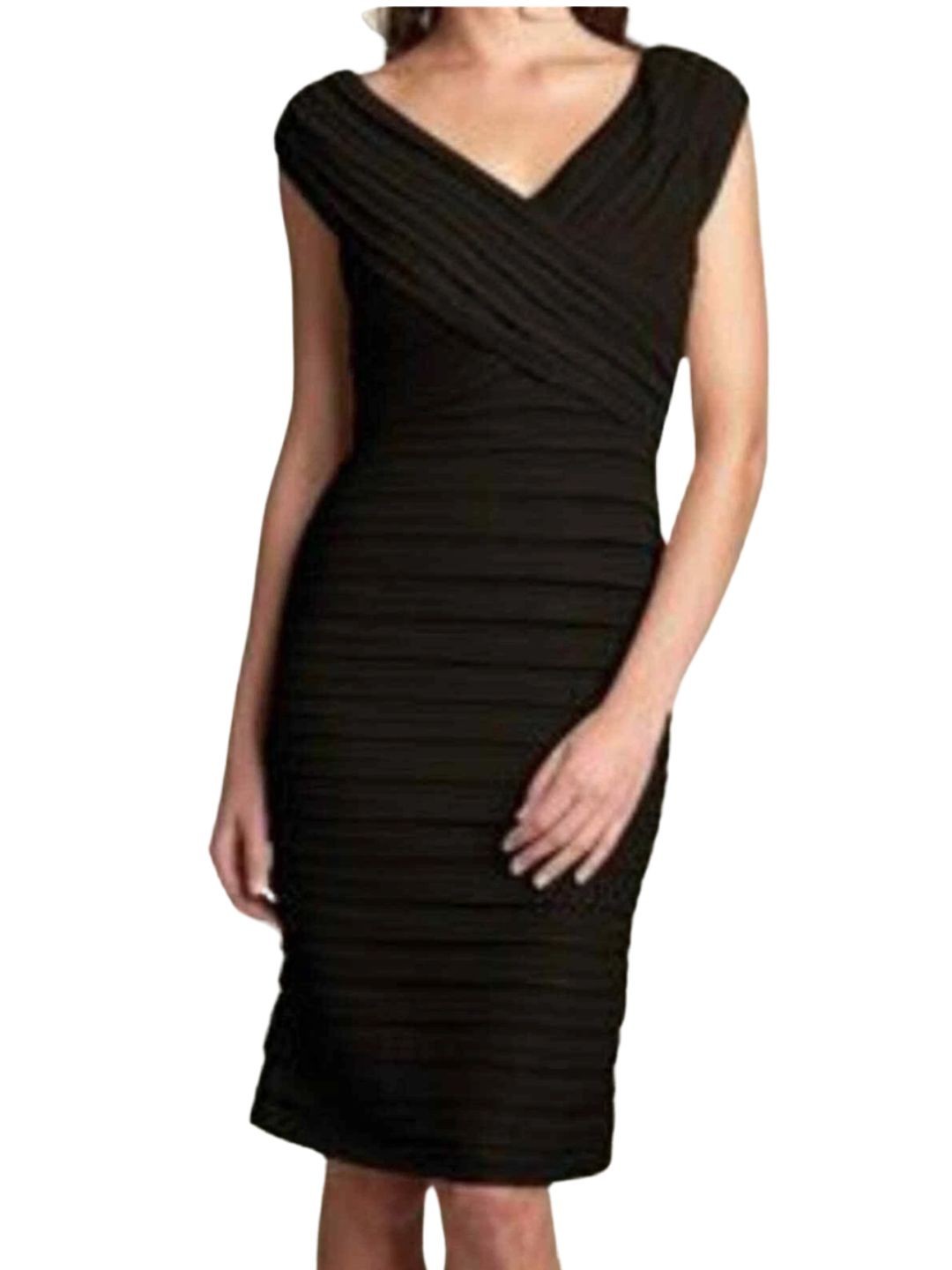 Tadashi Shoji Pleated Bandage Sheath Dress Sz M Black Bodycon LBD Evening Party