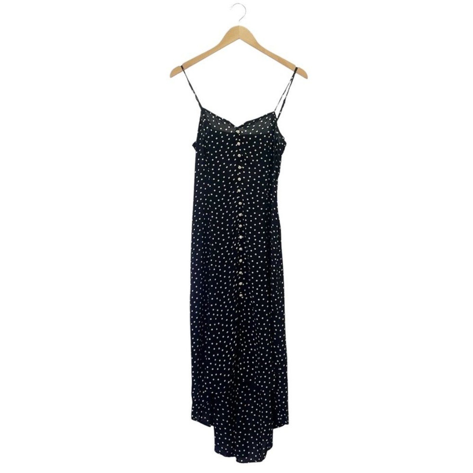 Intermix Linette Black Polka Dot Midi Dress Size 2 Spaghetti Strap Button Front