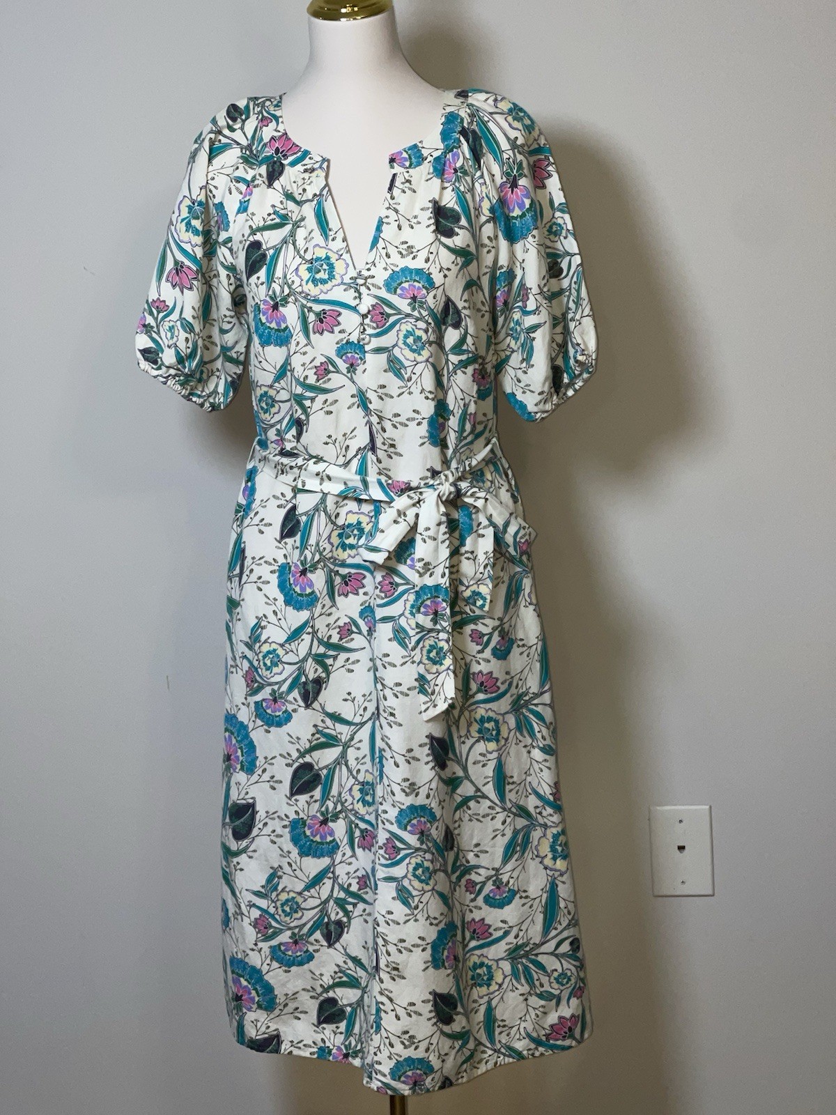 LOFT Ivory Floral Woven Cotton A-Line Dress XS Belted Button Front V-Neck