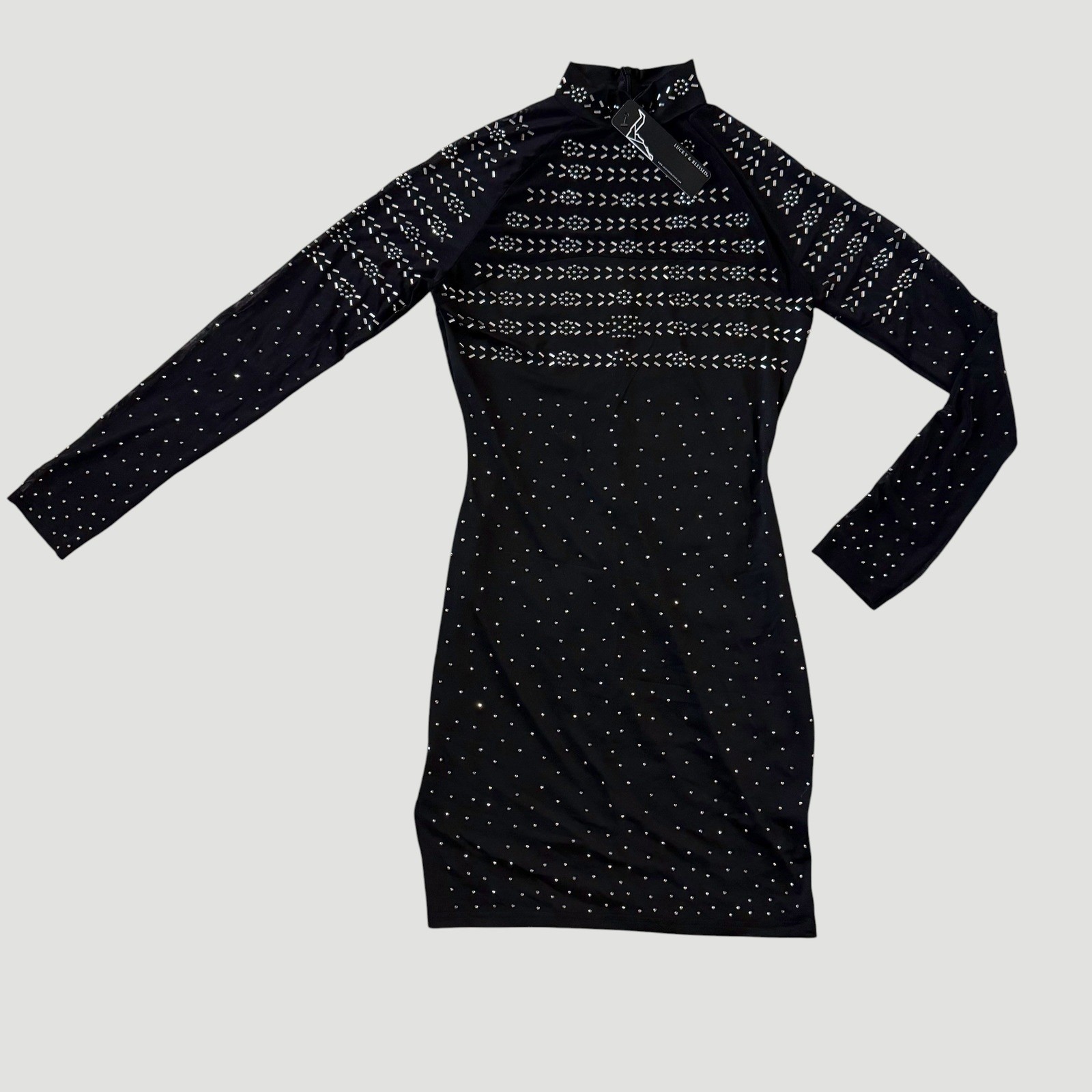 L&B Black Rhinestone Mesh Bodycon Mini Dress Western Glam M Festival Vegas NWT