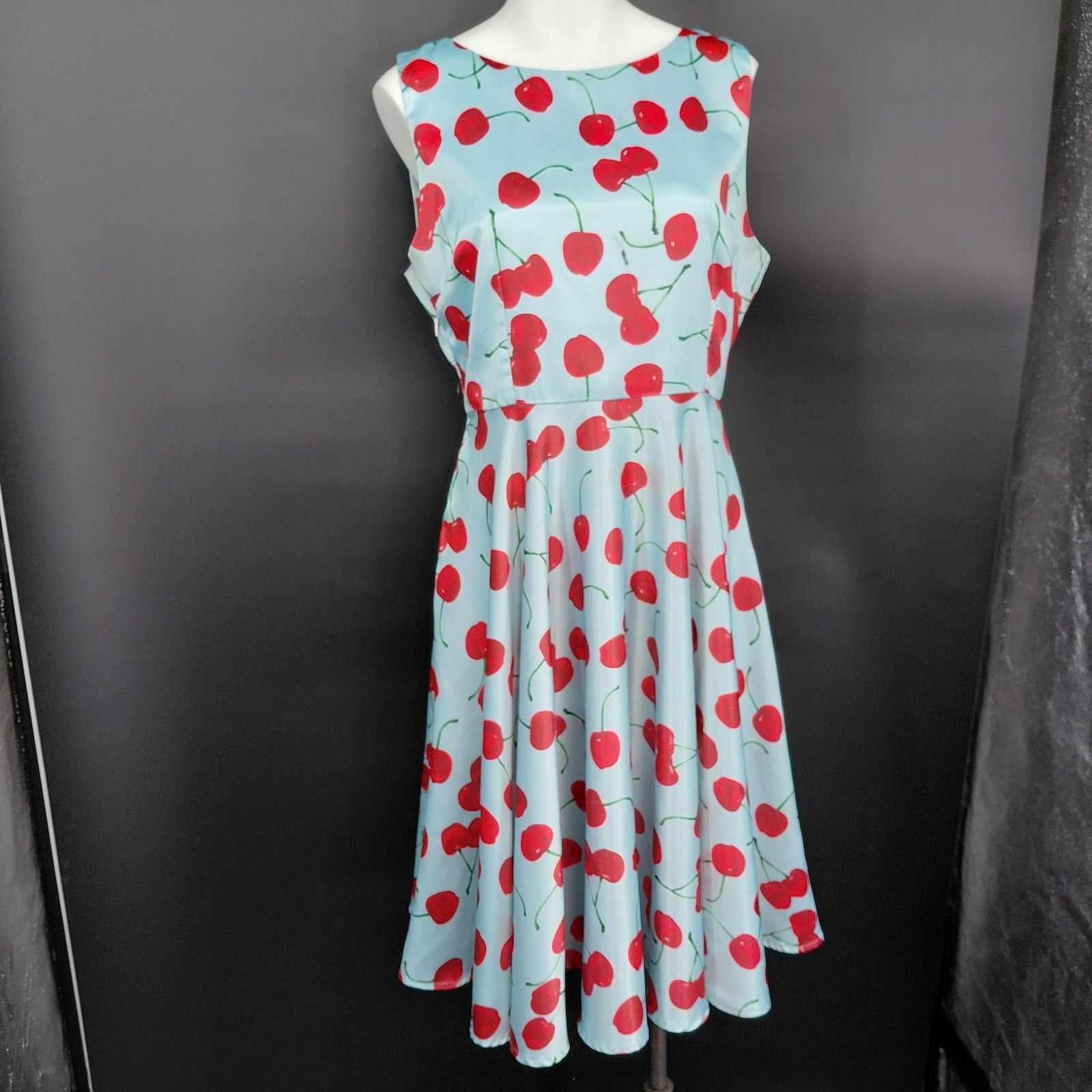 Lilbetter Dress Women XXL Blue Cherry Print Fit Flare Sleeveless Rockabilly Pin