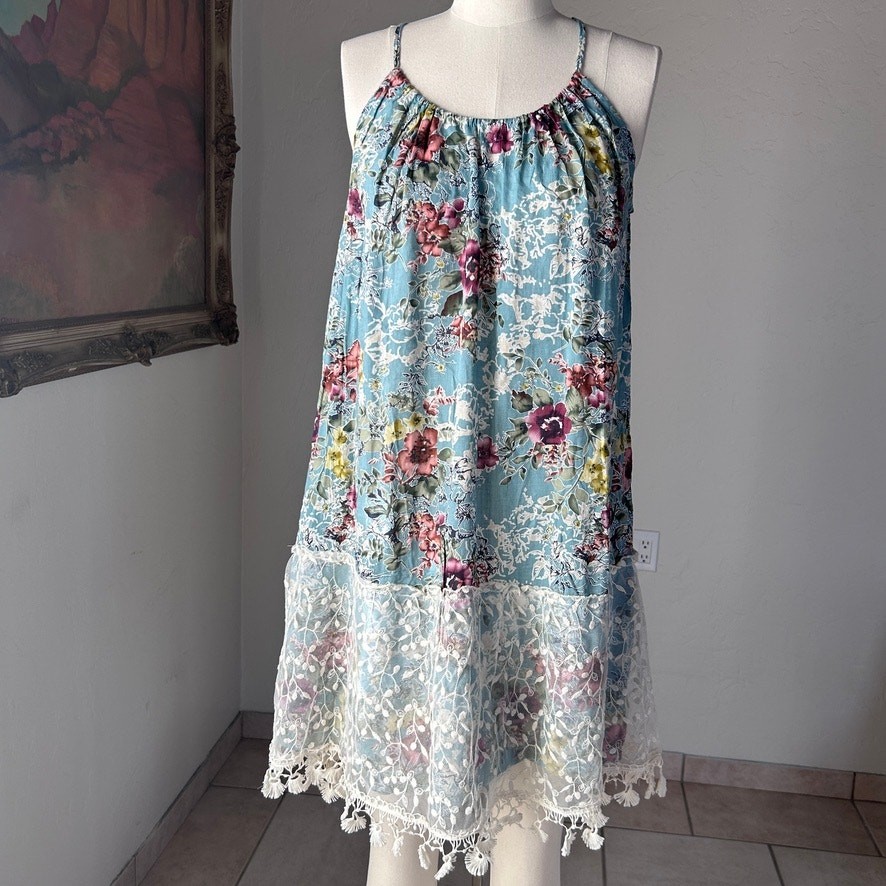 Linen Floral Western Prairie Dress Lace Trim Feminine Cowgirl Festival Summer S