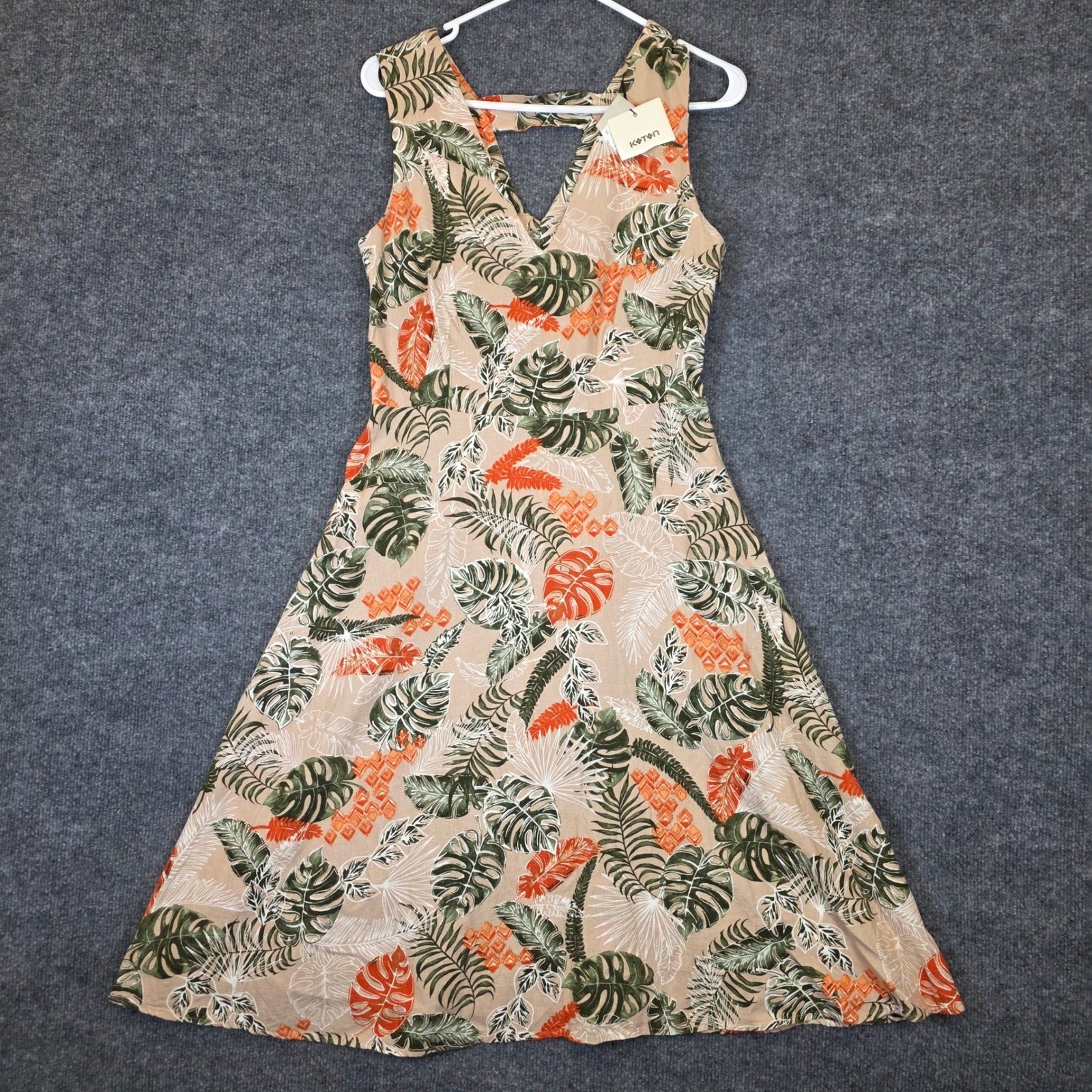 Koton Tropical Leaf Print Midi Dress Women EUR 38 US 6 Beige Green Orange V-Neck