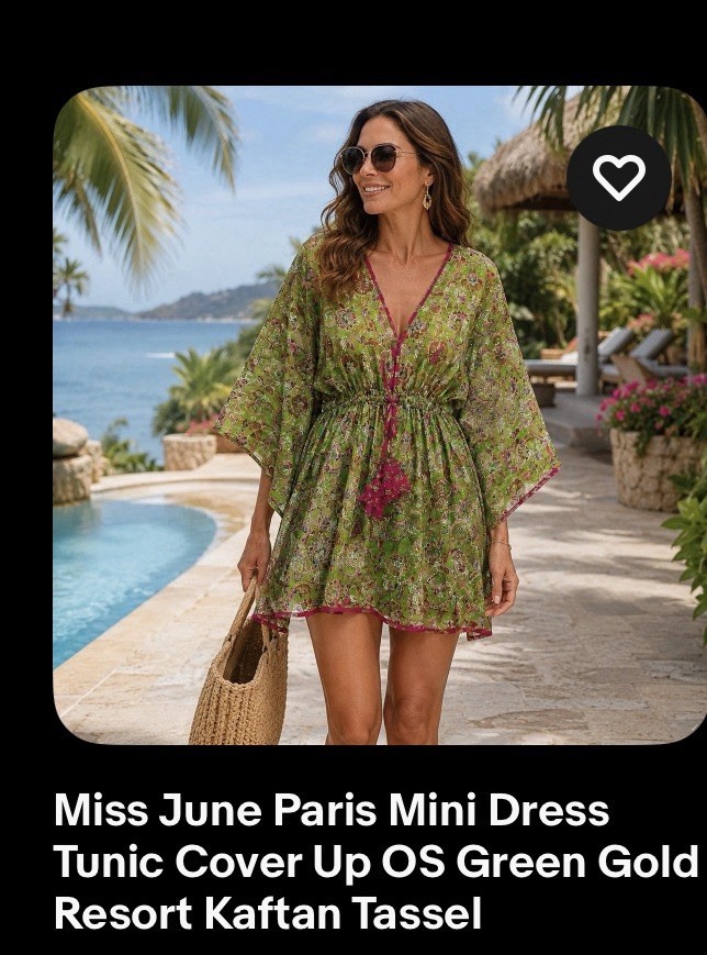 Miss June Paris Mini Dress Tunic Cover Up OS Green Gold Resort Kaftan Tassel