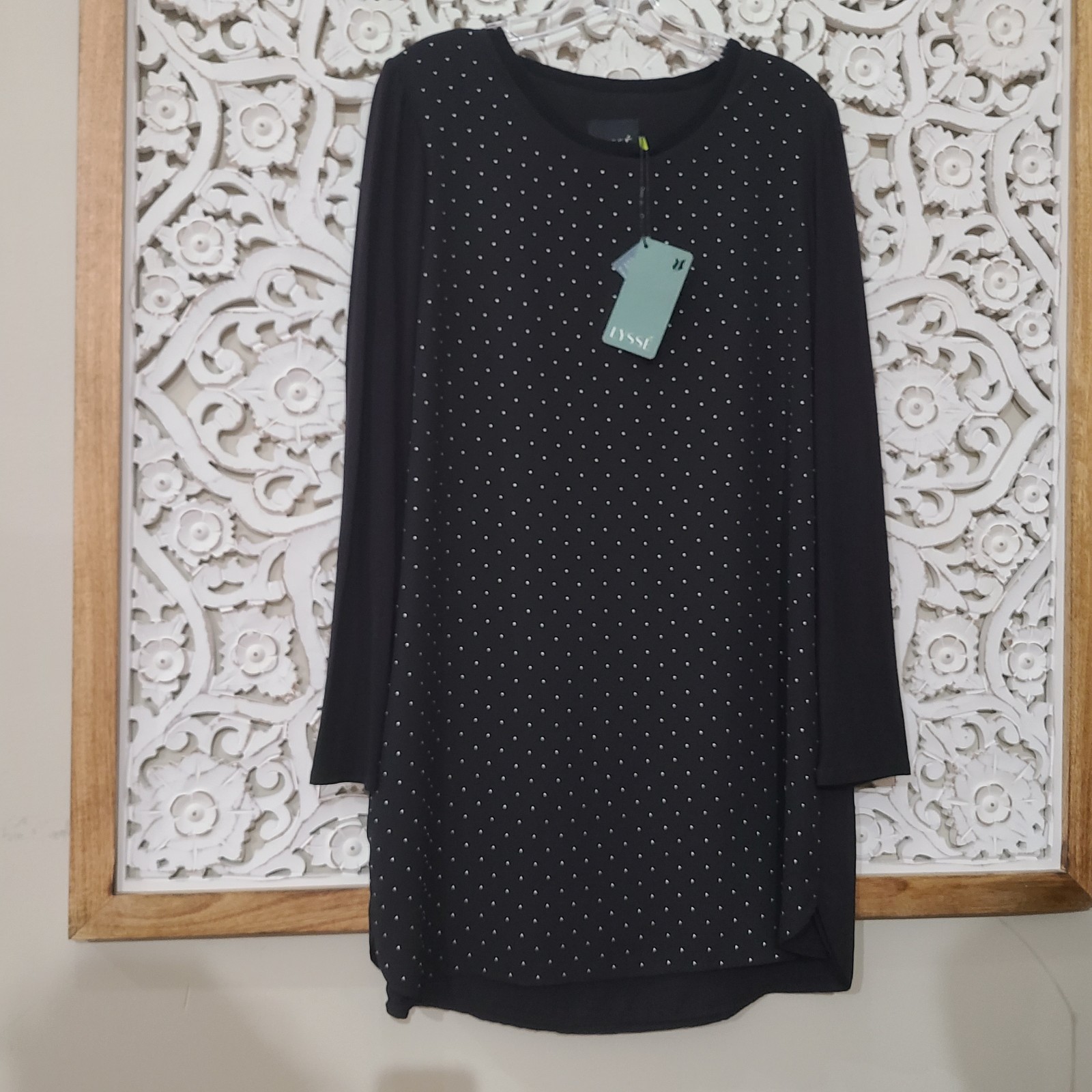 NEW Lysse Womens T Shirt Dress Long Sleeve Black White/Silver Polka Dot Large