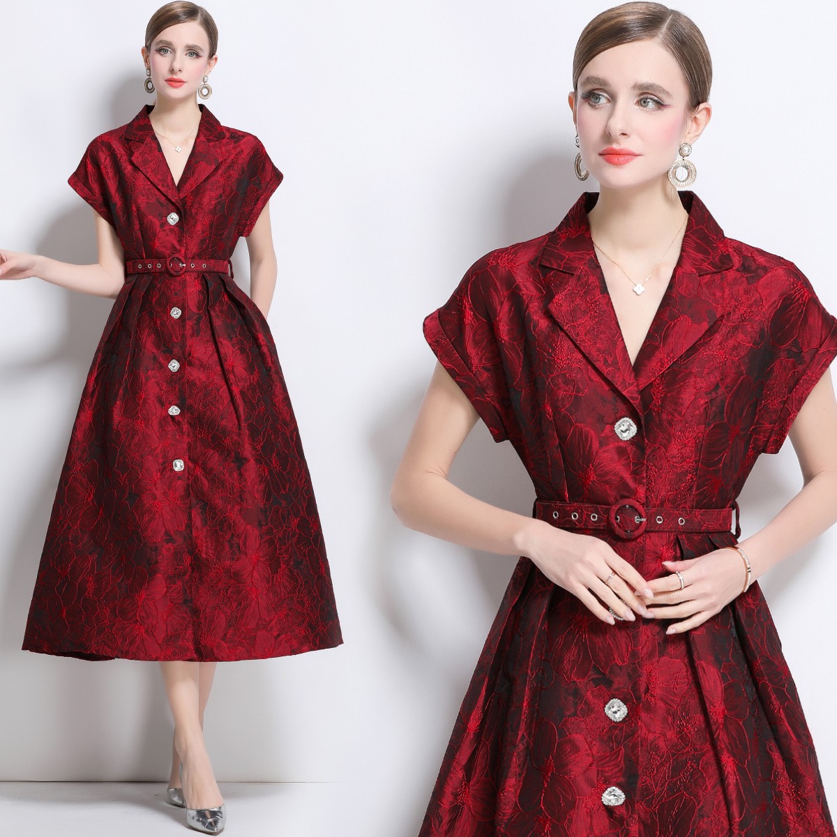 Jacquard Notched V Neck Buttons Belt Short Sleeve Women Casual Party Midi Dresse