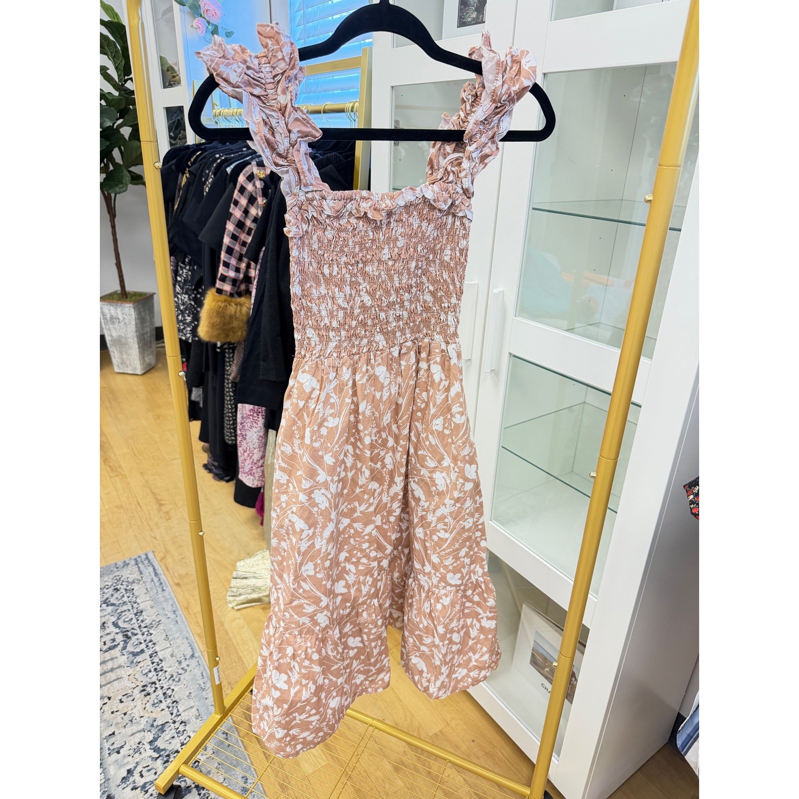 Gilner Farrar Smocked Midi Dress Floral Ruffle Strap XS Bohemian Cottagecore Lux