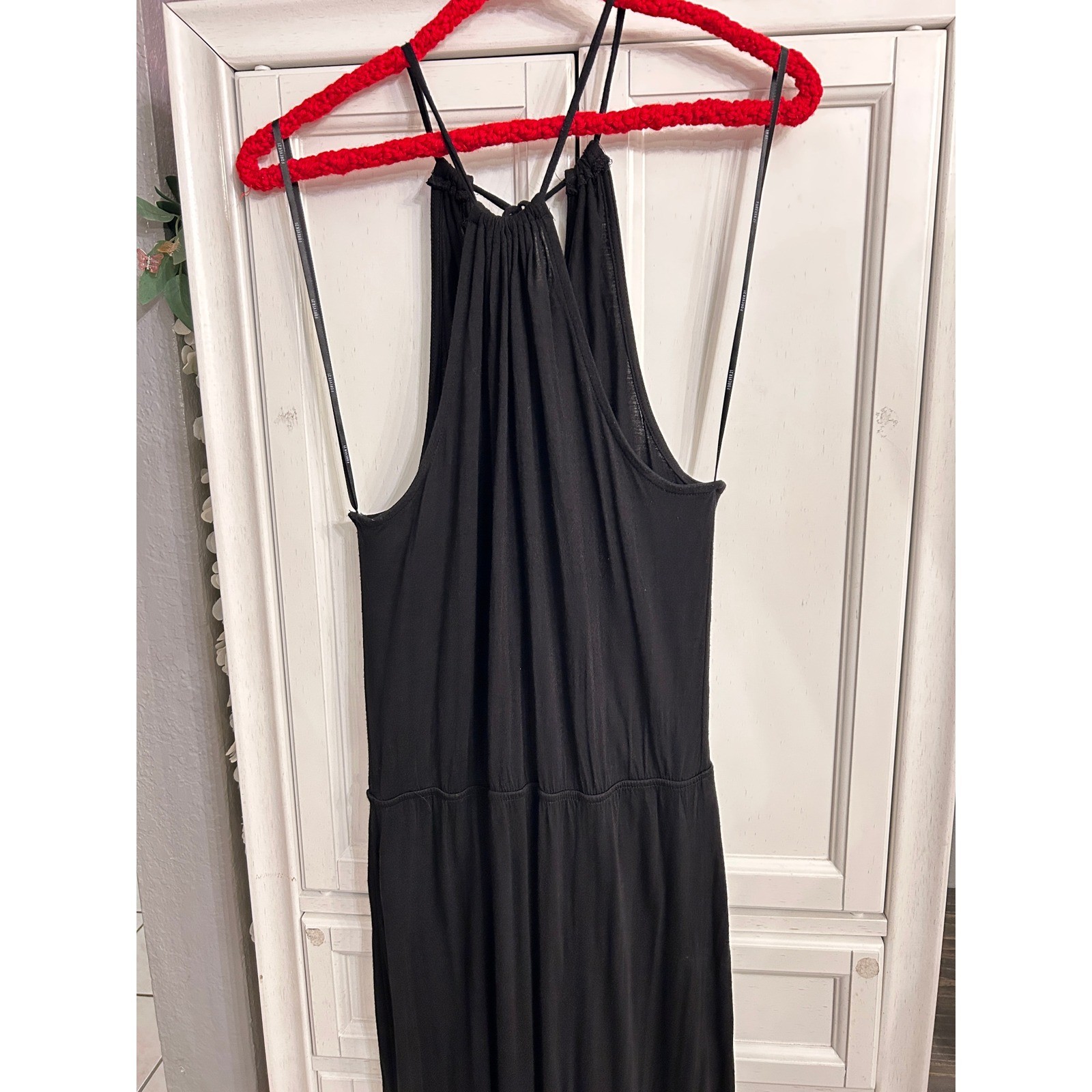 Black Halter Maxi Dress High Slit Elastic Waist Stretchy LARGE Summer Vacation
