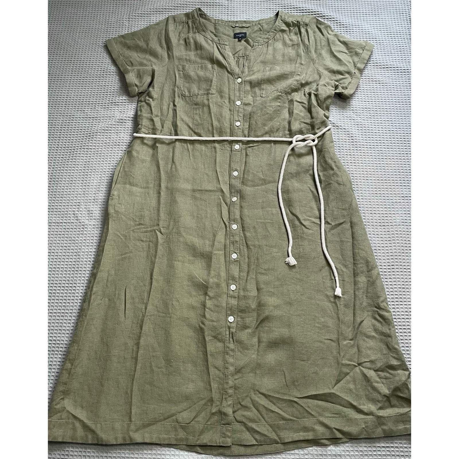 Talbots 100% Linen Dress 14W Women’s Button Up Shirtdress Rope Belt Green