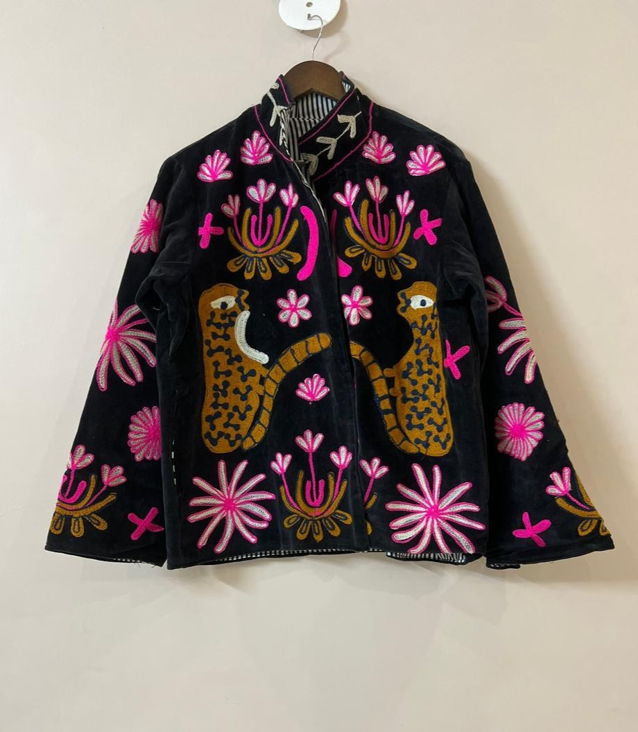 Handmade Hand-Embroidered Leopard Floral Velvet Jacket, Velvet Embroidered