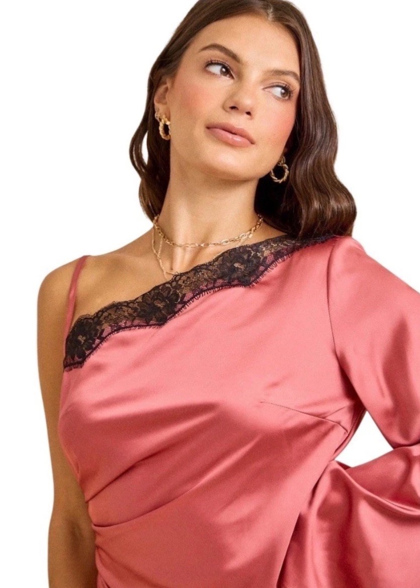 Silky Satin Asymmetrical Pink Dress M One Shoulder Midi Lace Trim Cocktail Party