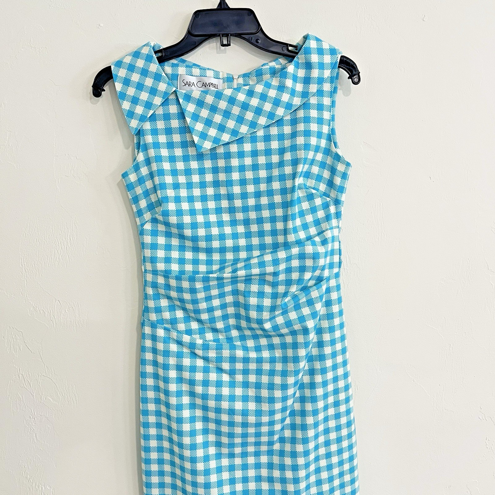 Sara Campbell Cotton Gingham Plaid Boatneck Dress Blue Sz 2 Retro Garden Preppy