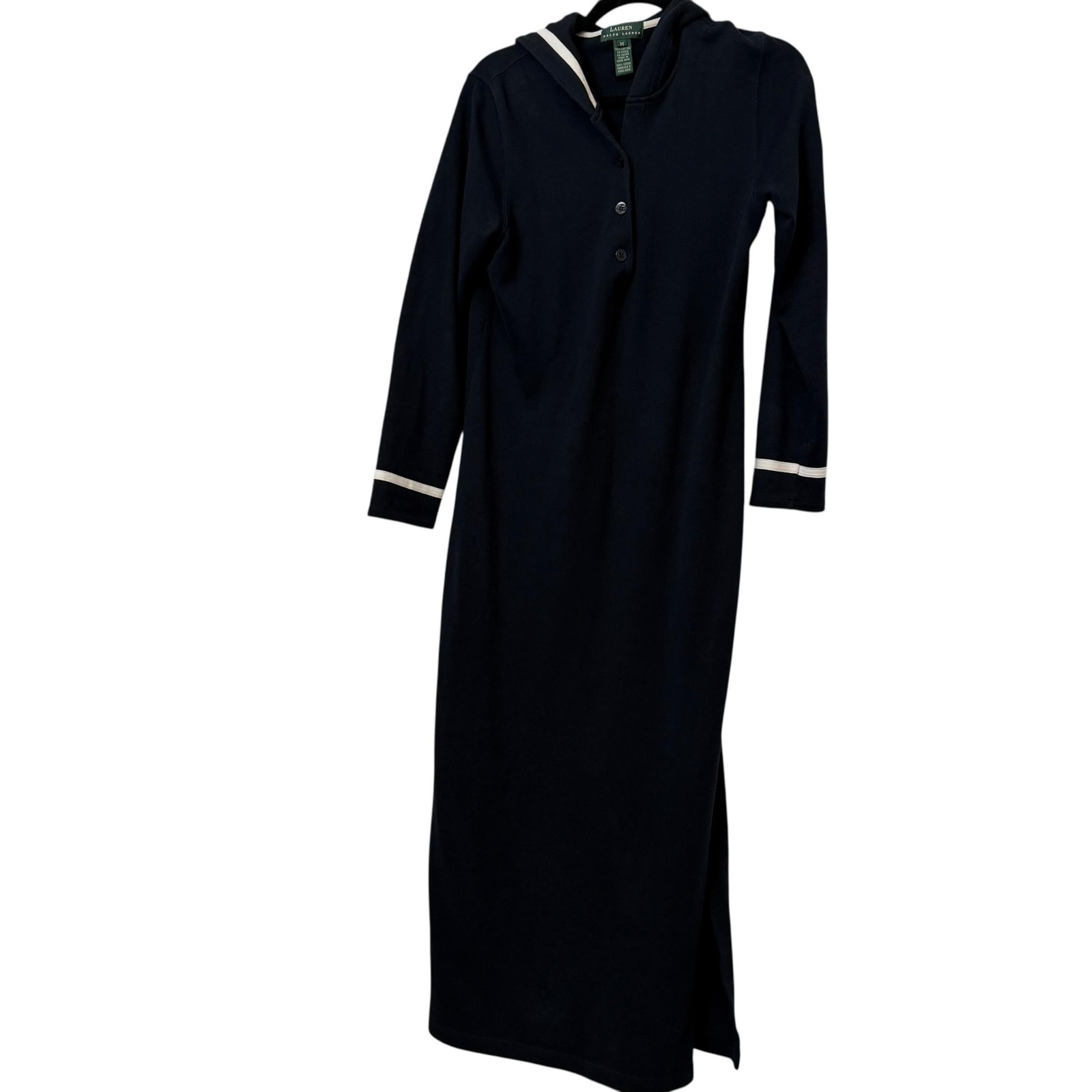 Vintage Lauren Ralph Lauren Sweater Dress Womens M Blue Hooded Nautical Maxi