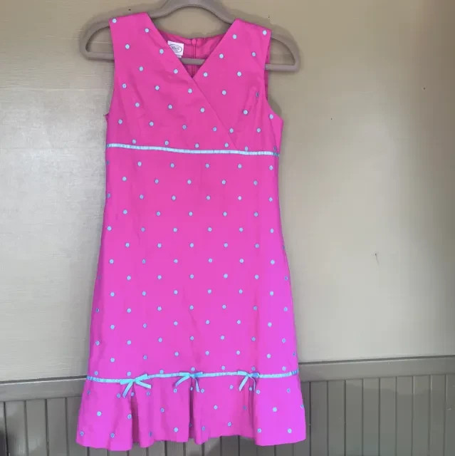 READ! Vintage Y2K Girly Linen Blend Hot Pink Micro Dot Ribbon Trim Shift Dress