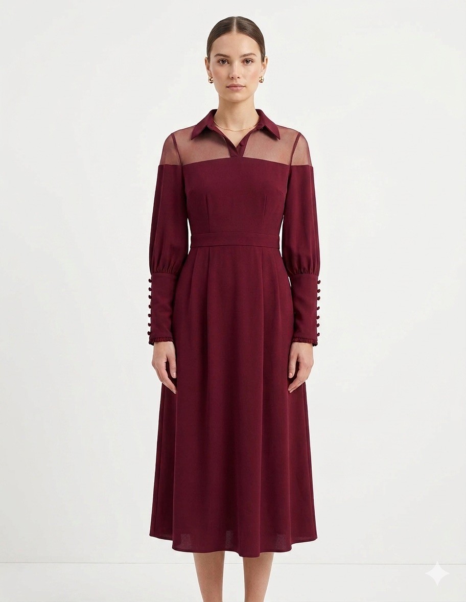 D-Harry Burgundy Lace Mesh Panel Maxi Dress Size Medium Long Sleeve Button Cuff