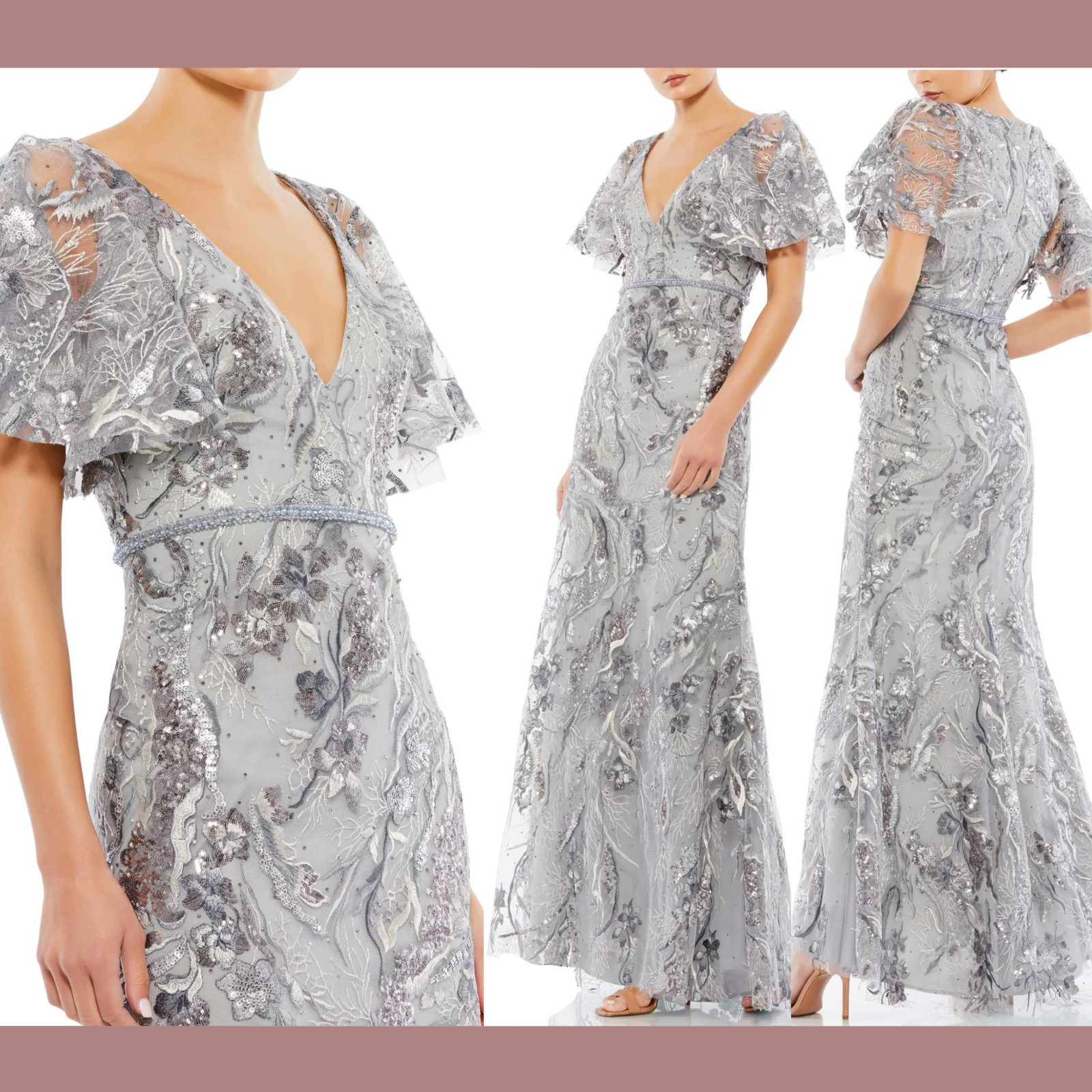 NWT$698 Mac Duggal [ 4 ] Embellished V Neck Butterfly Sleeve Trumpet Gown #Q700