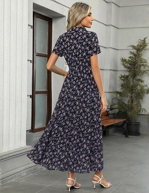 NWT Kranda 2026 Dress XXL Collared V Neck Short Sleeve Tiered Maxi Blue Pink Flo