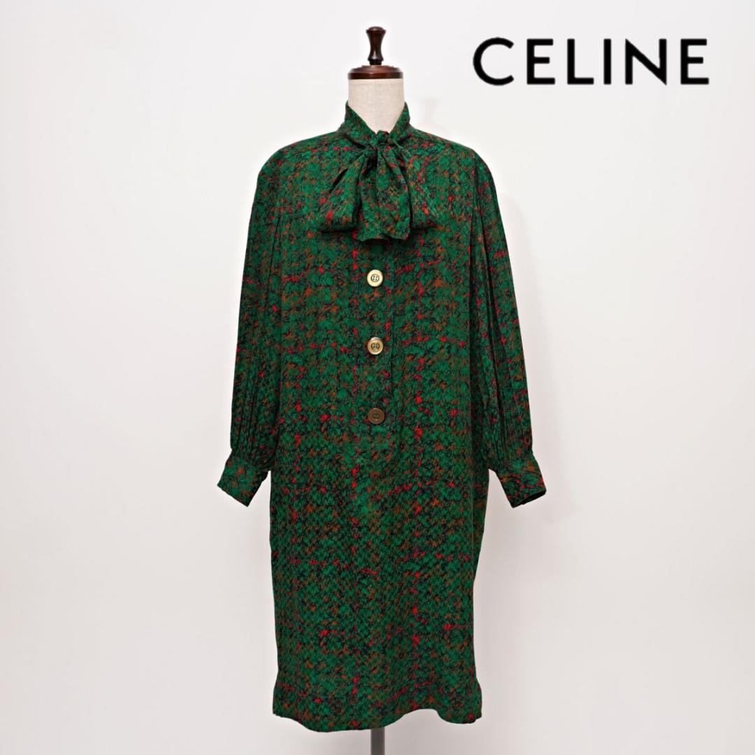 CELINE 80s 90s Dress Shirt Dress Bow Tie Long Sleeve Green 96cm