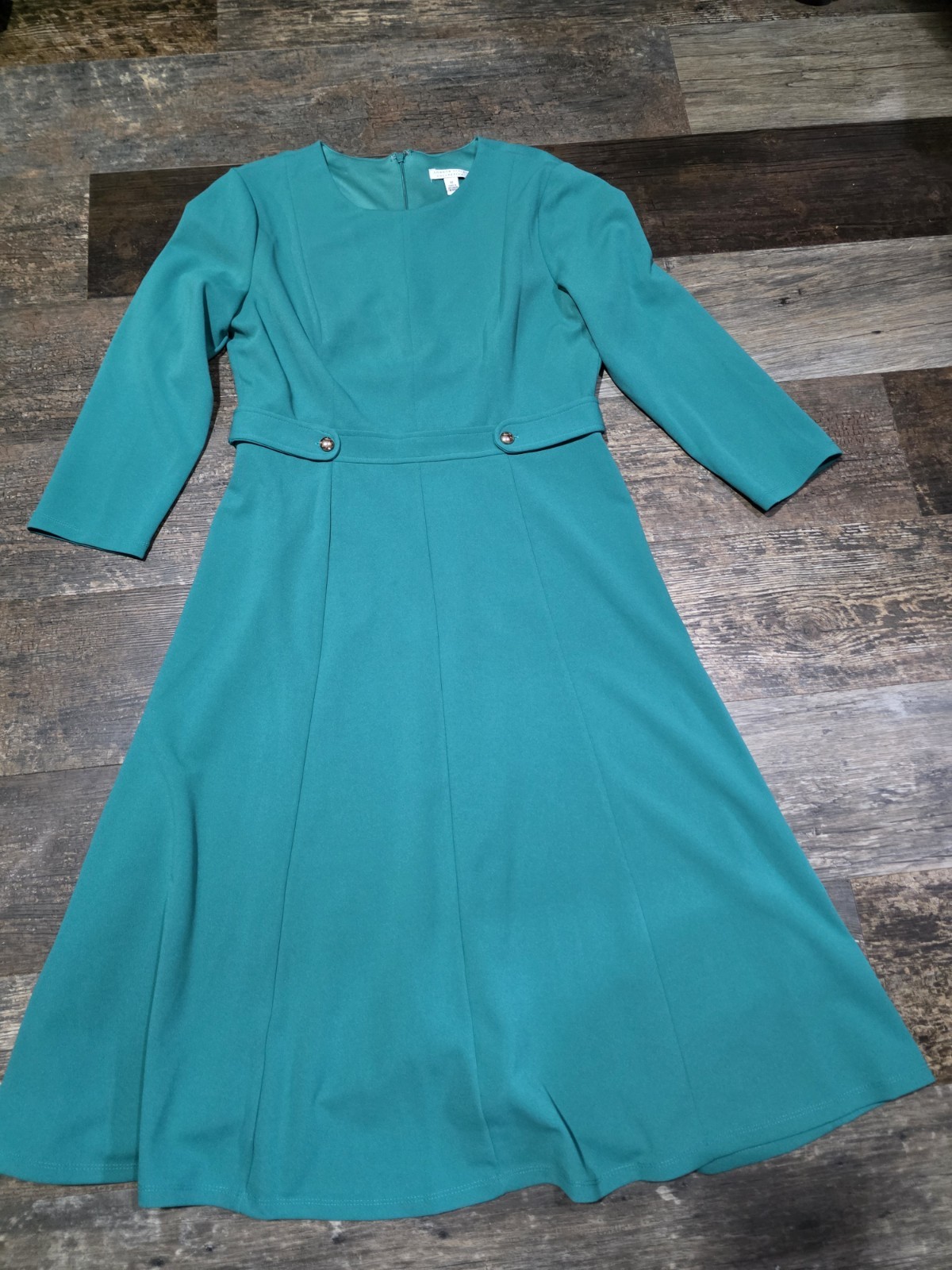 London Style Collection Teal Solid A-Line Midi Dress Scoop Neck 3/4 Sleeve 10