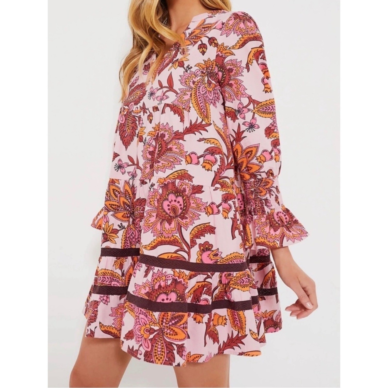 Tuckernuck Sunset Pink Ornate Chintz Kenzo Dress Floral Tiered Mini Ruffle M NWT