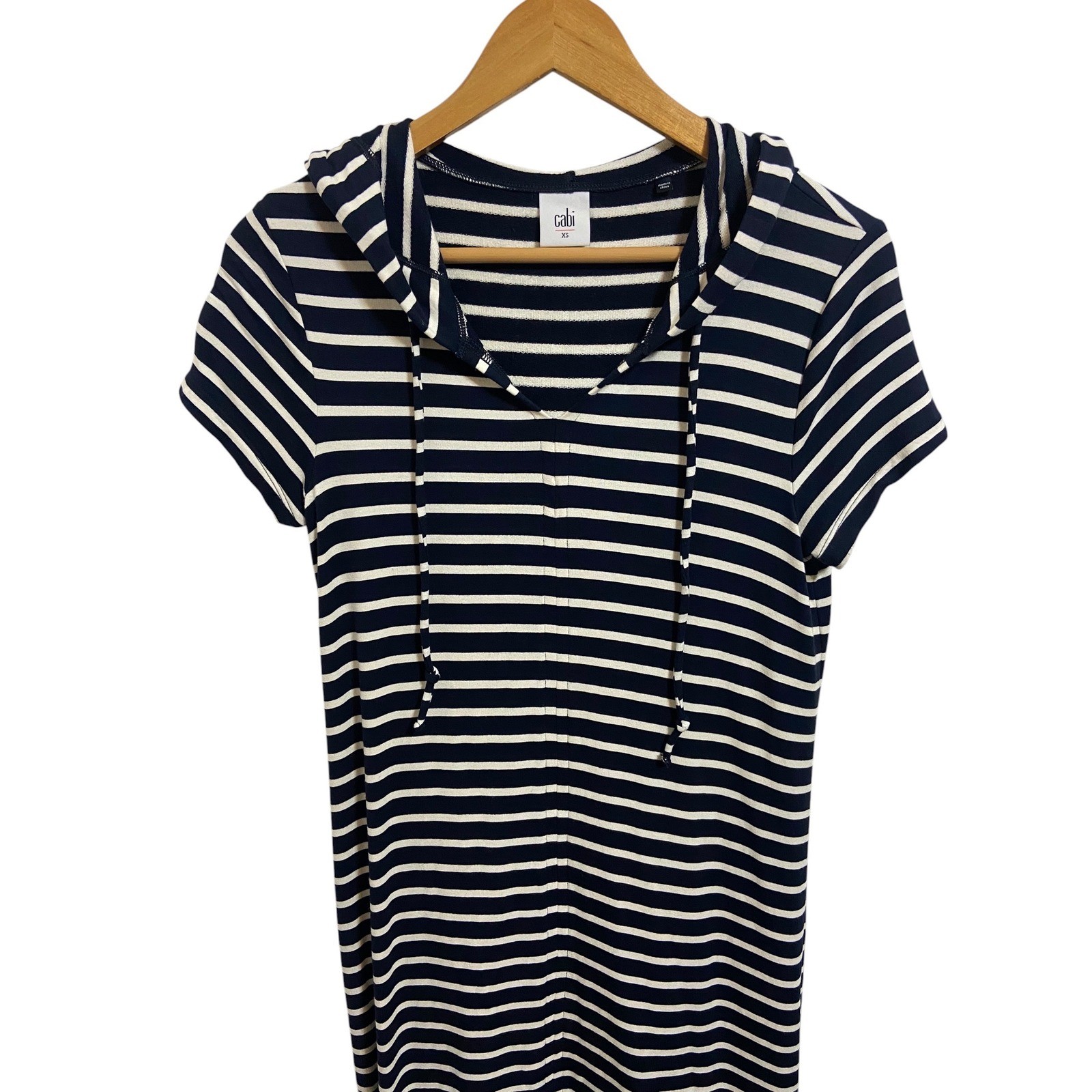 Cabi Navy White Striped Hooded Short Sleeve T-Shirt Dress Nautical Coastal XS