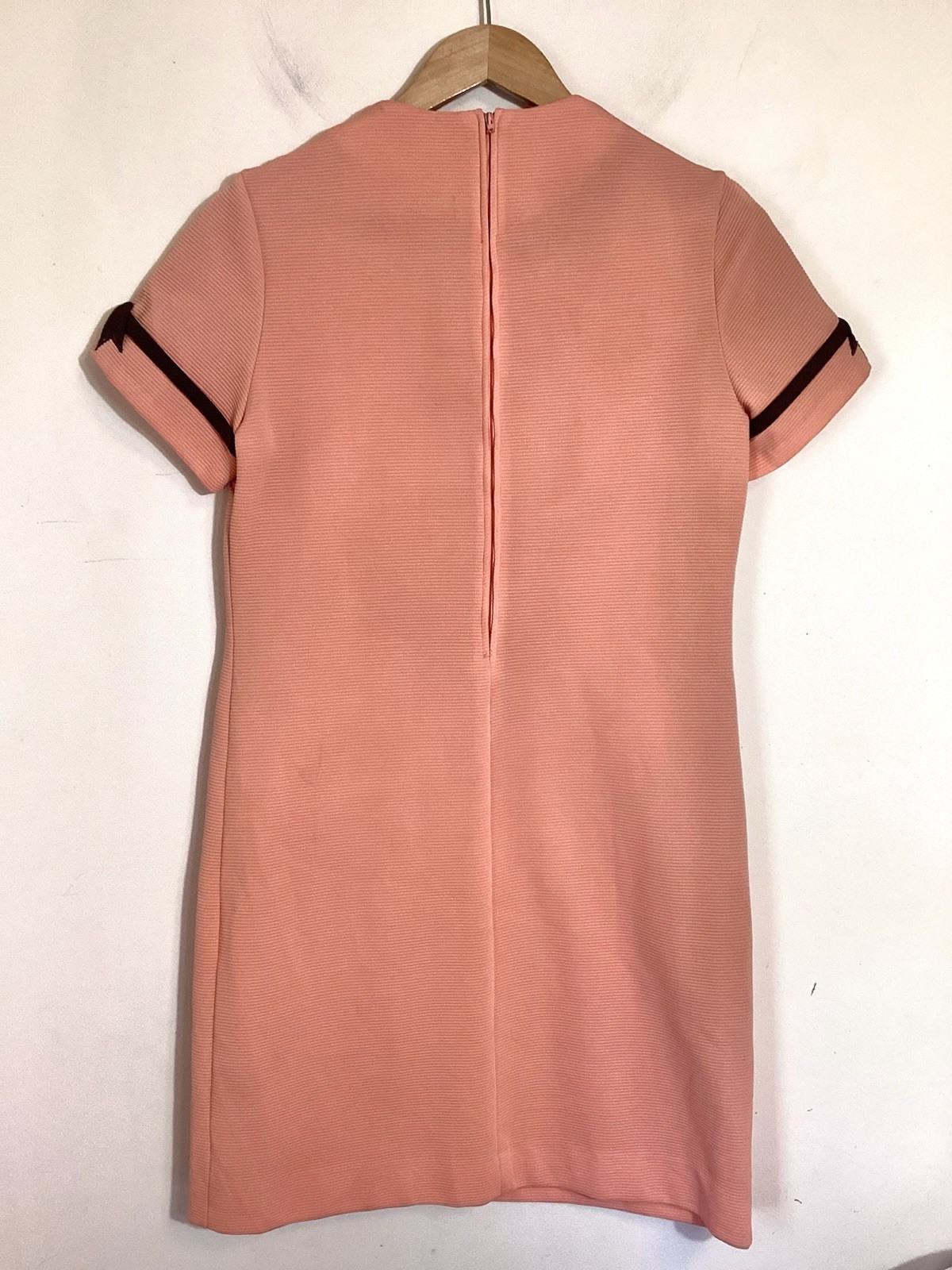 Handmade 60s Mod Retro Mini Shift Dress Size M Pink Salmon Contrast Bow Twiggy
