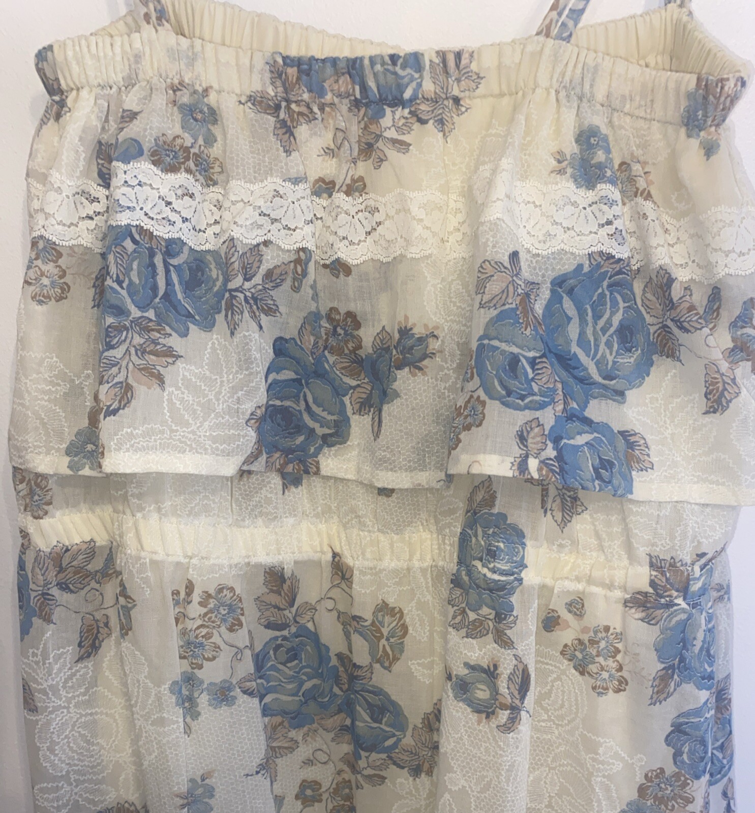 Ruffle Tiered Ivory Blue Floral Pattern Midi Dress Women’s Handmade