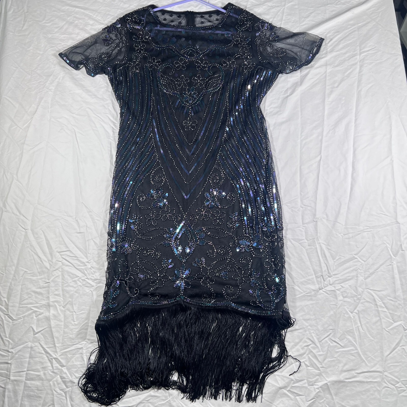 Women’s M Black Beaded Sequin Fringe Flapper Dress Gatsby Art Deco Party