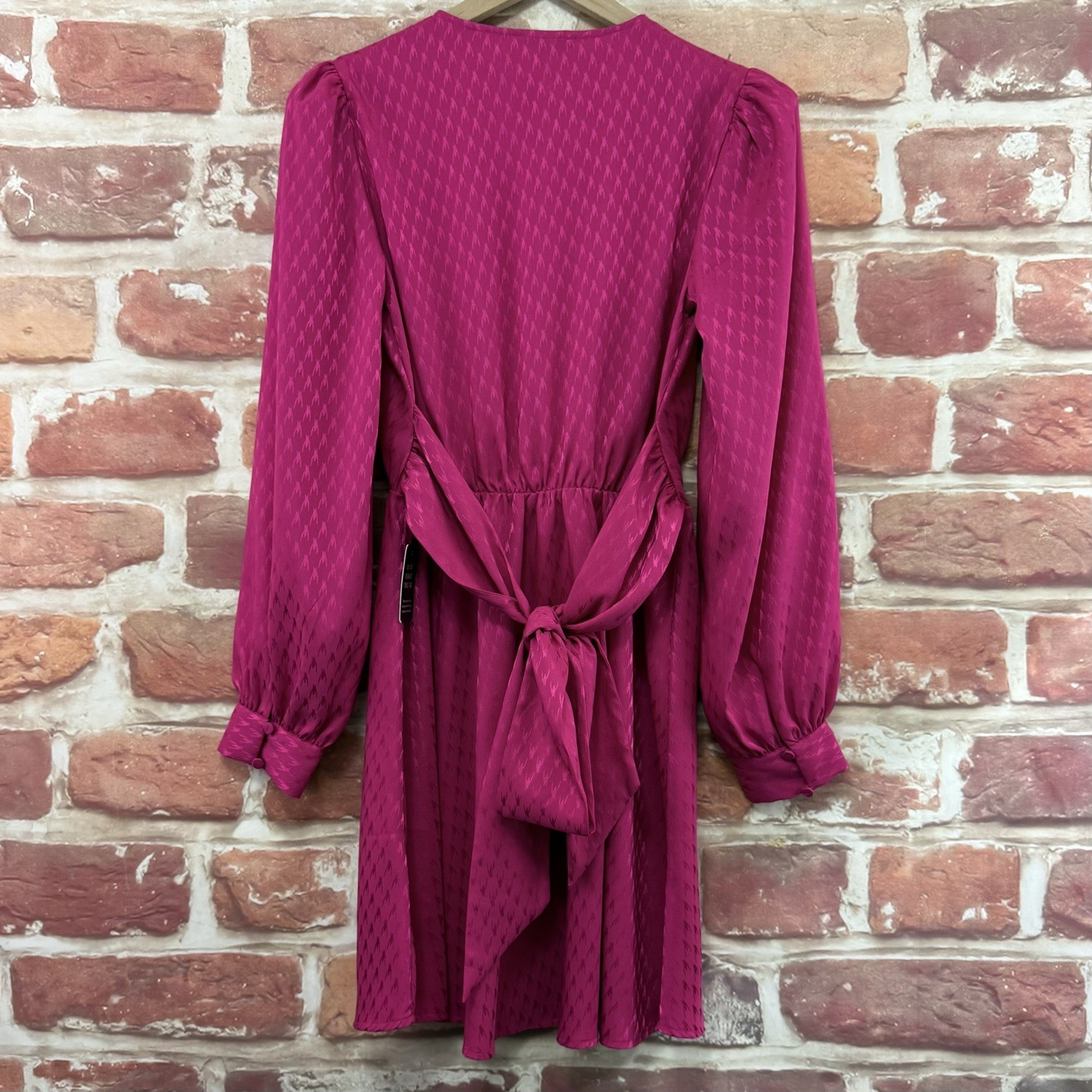 Express Dress Womens S Pink Houndstooth Abstract Satin Tie Back Surplice Wrap