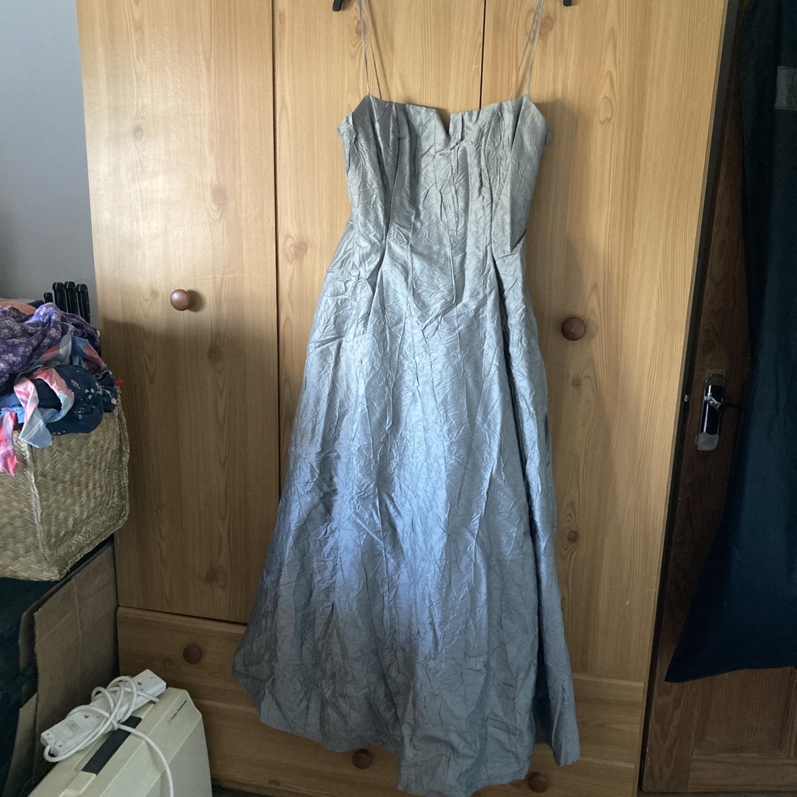 Beautiful Vintage Gunmetal Silver Silk Ballgown Dress SIZE 14 Monsoon Made In UK