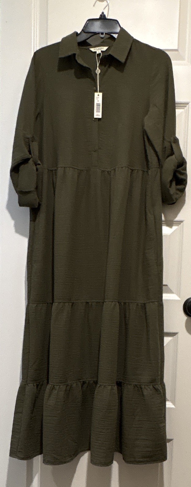 Max Studio Olive Collared Button-Front Tiered Midi Shirt Dress Long Sleeve M