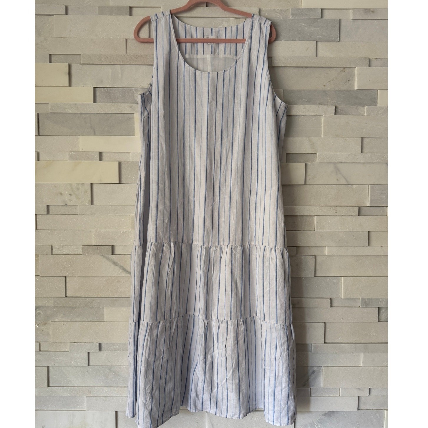 J JILL LOVE LINEN White Blue Stripe Sleeveless Dropwaist Tiered Maxi Dress XLP