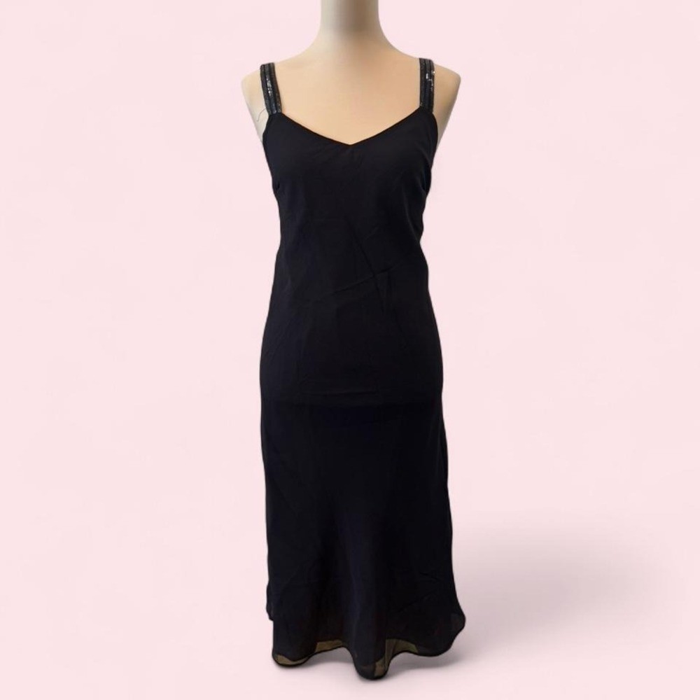 Y2K NWT Mile Gabrielle Navy Midi Dress Sequin Straps Flowy Skirt Size 16