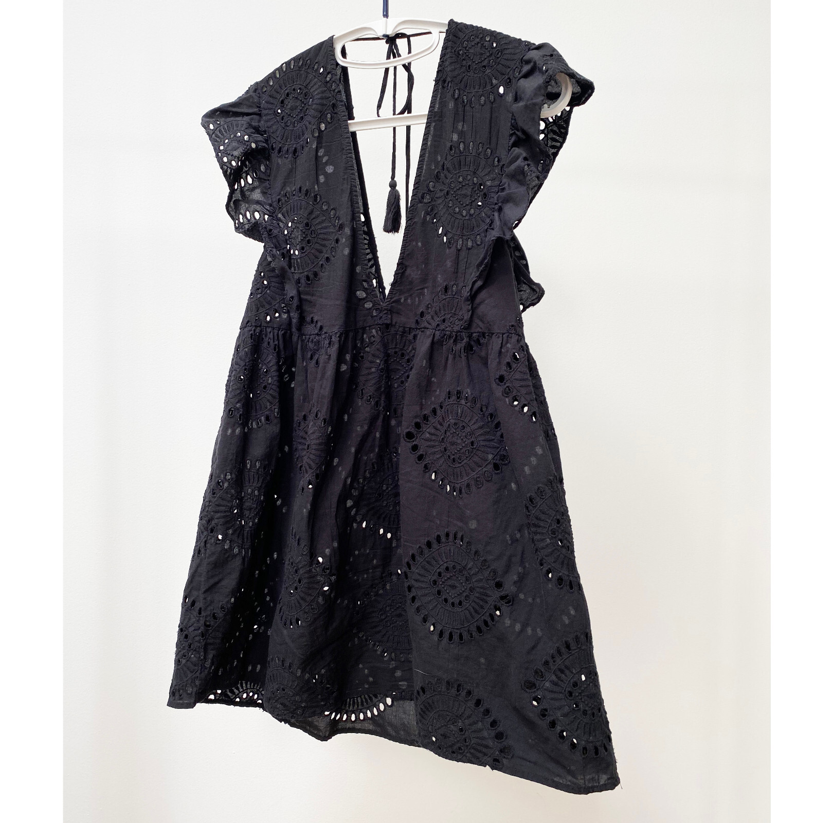 Black mini dress for women, summer girly dress size S, short boho lace sundress