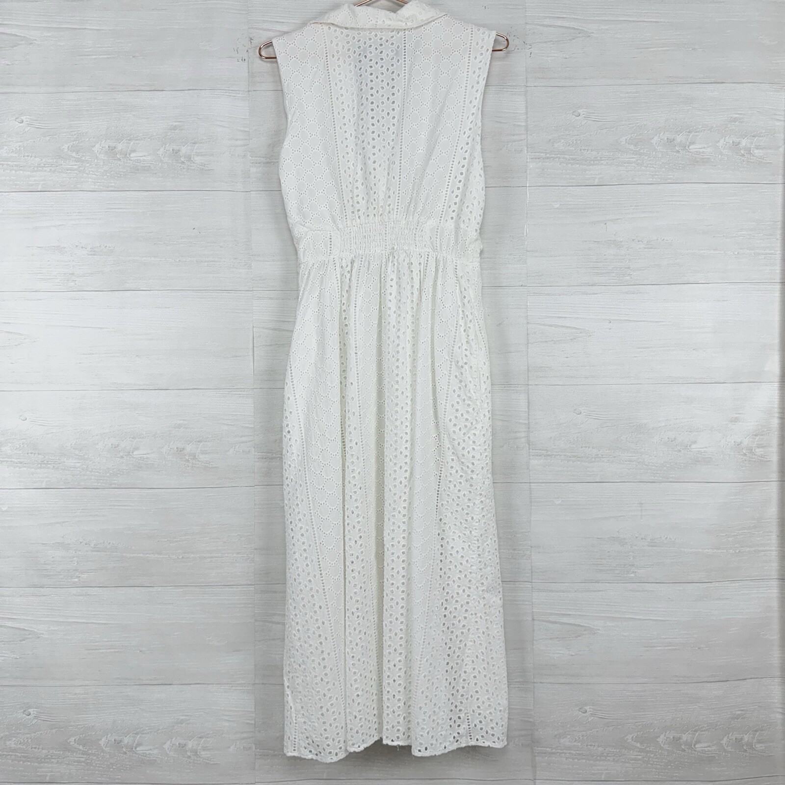 ZARA Openwork Embroidered Eyelet Midi Dress L White Sleeveless V Neck Feminine
