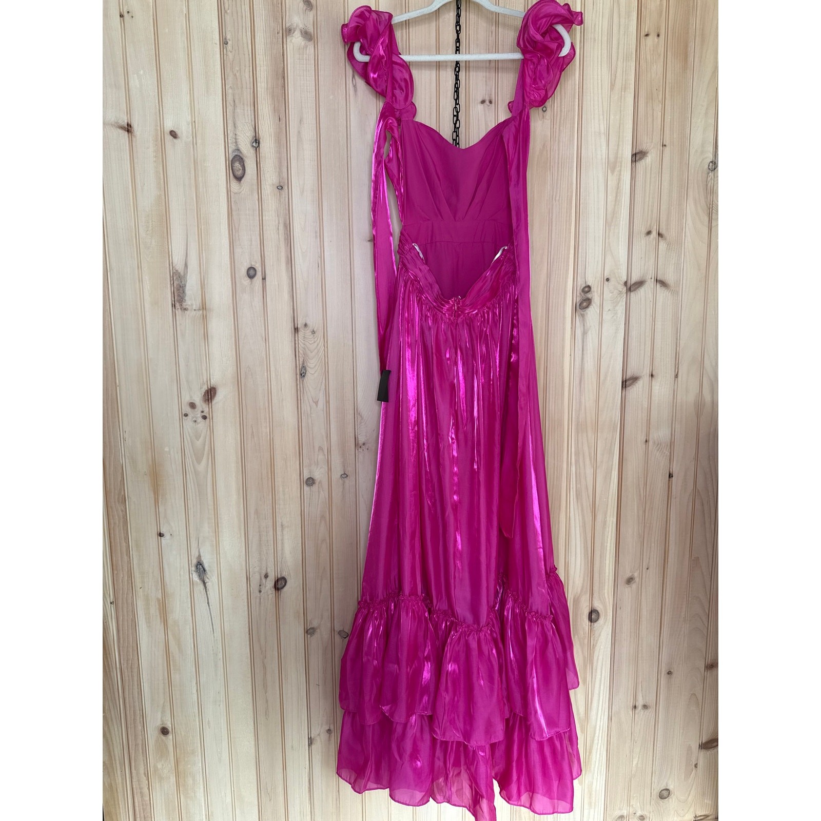 NWT Lulus Pristine Glow Magenta Pink Ruffled Tie-Back Maxi Dress Gala Banquet M