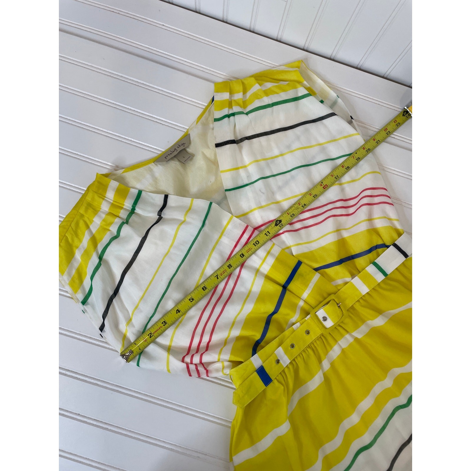 Presley Skye Sloane Belted Silk Blend Stripe Dress Mini Yellow White Pink Size L
