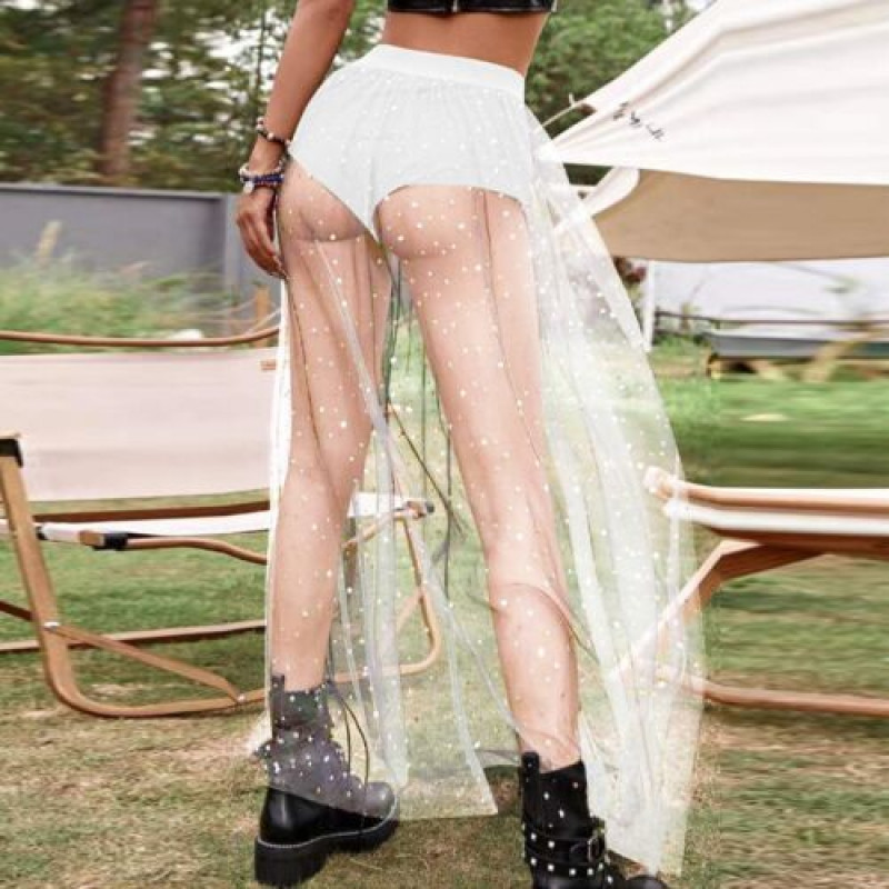 Womens Nightclub Sexy Perspective Pleated Lace Wrap Hip Mesh High Waist Skirt
